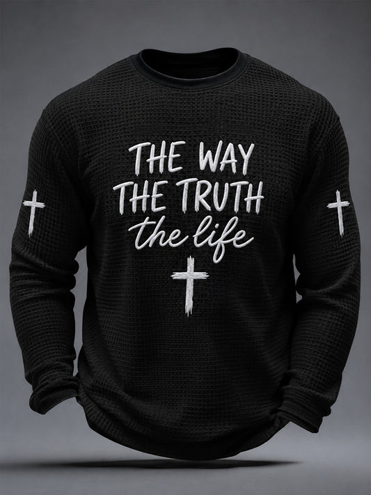 Men's Jesus The Way The Truth The Life John 14:6 Cross Graphic Waffle Long Sleeve T-Shirt