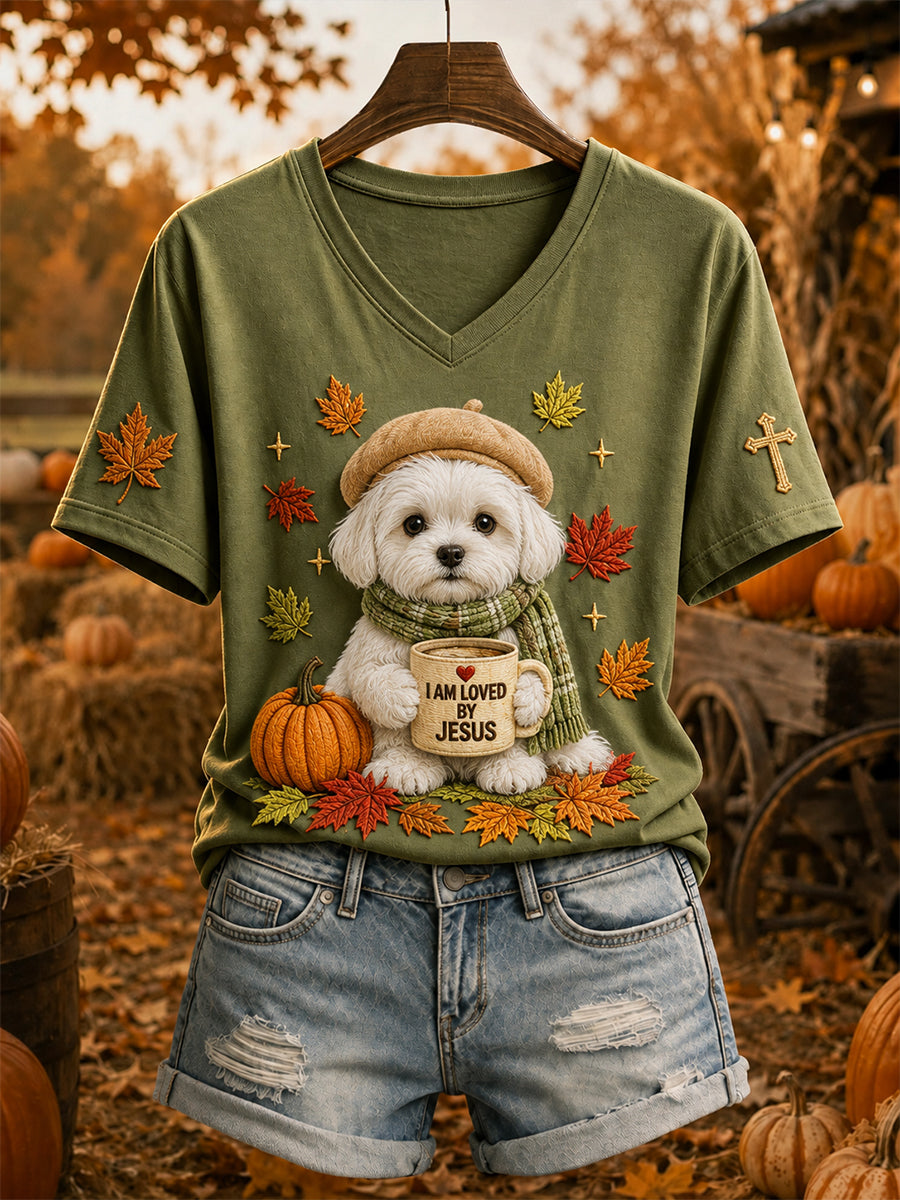 Women's Jesus Loves Maltese Fall Leaves Print Short-sleeved T-shirt