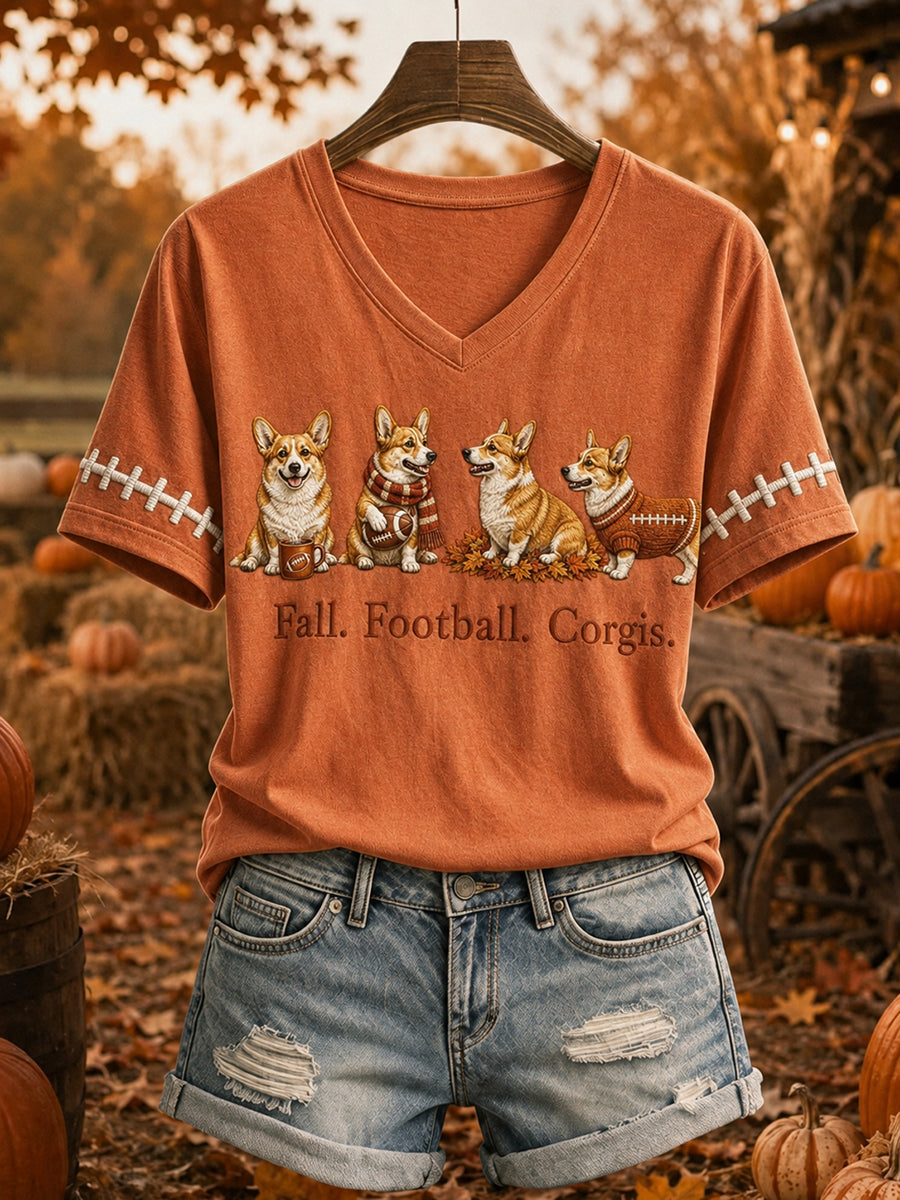 Women's Fall Football Corgi Dog Print Short-sleeved T-shirt