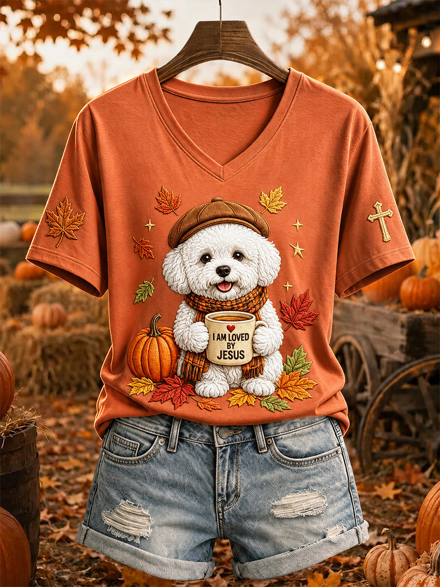 Women's Jesus Loves Bichon Frise Fall Leaves Print Short-sleeved T-shirt