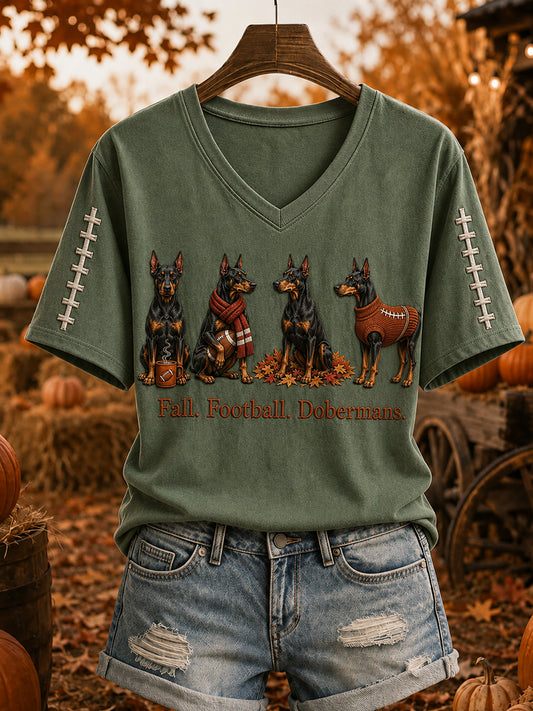 Women's Fall Football Dobermans Print Short-sleeved T-shirt