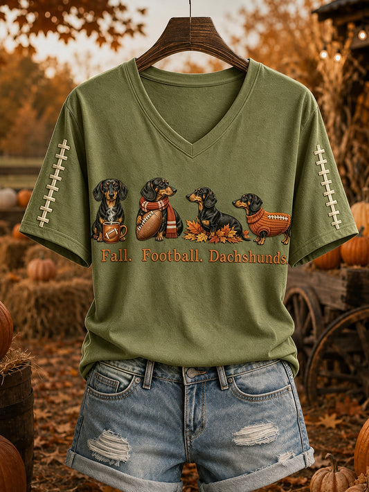 Women's Fall Football Dachshund Print Short-sleeved T-shirt