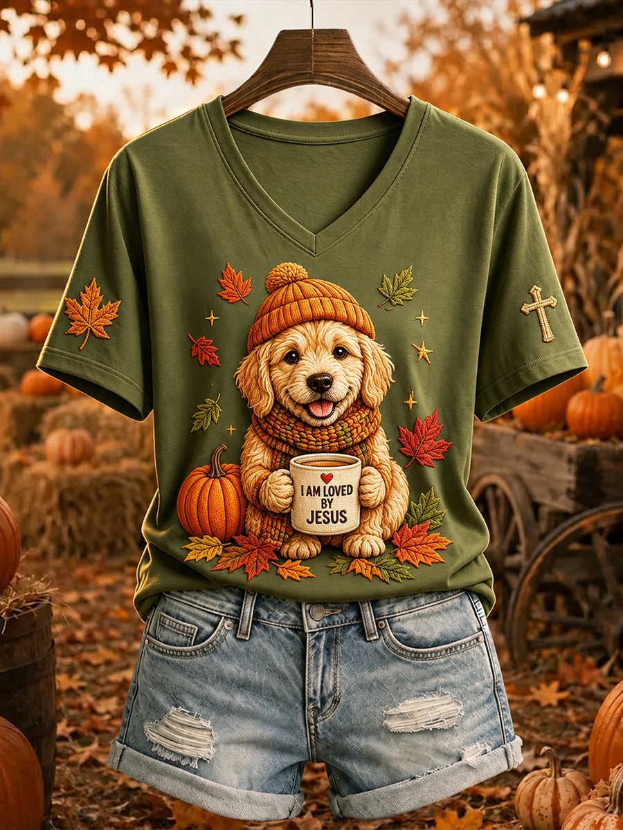 Women's Jesus Loves Golden Retriever Fall Leaves Print Short-sleeved T-shirt