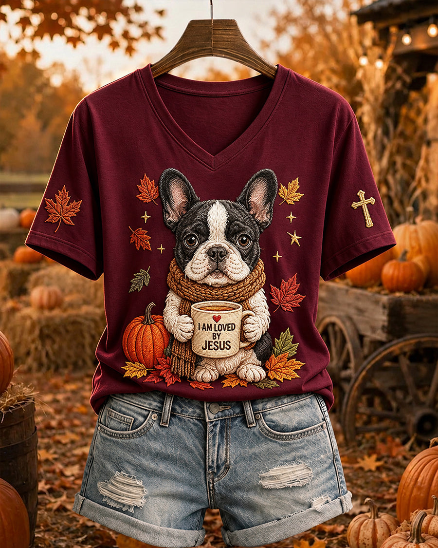 Women's Jesus Loves French Bulldog Fall Leaves Print Short-sleeved T-shirt