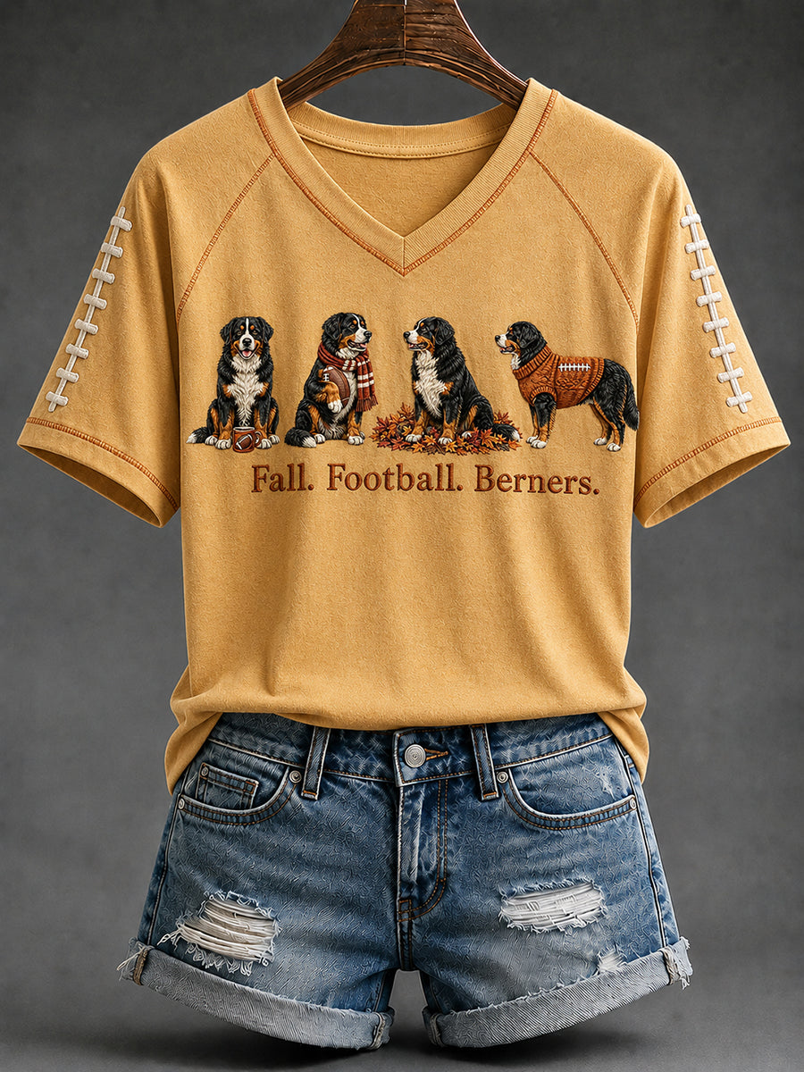 Women's Fall Football Bernese Mountain Dog Print V-neck Short-sleeved T-shirt