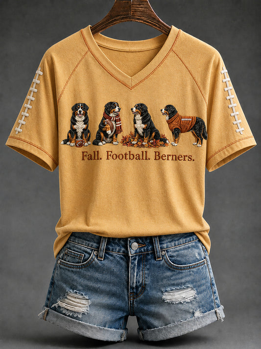 Women's Fall Football Bernese Mountain Dog Print V-neck Short-sleeved T-shirt