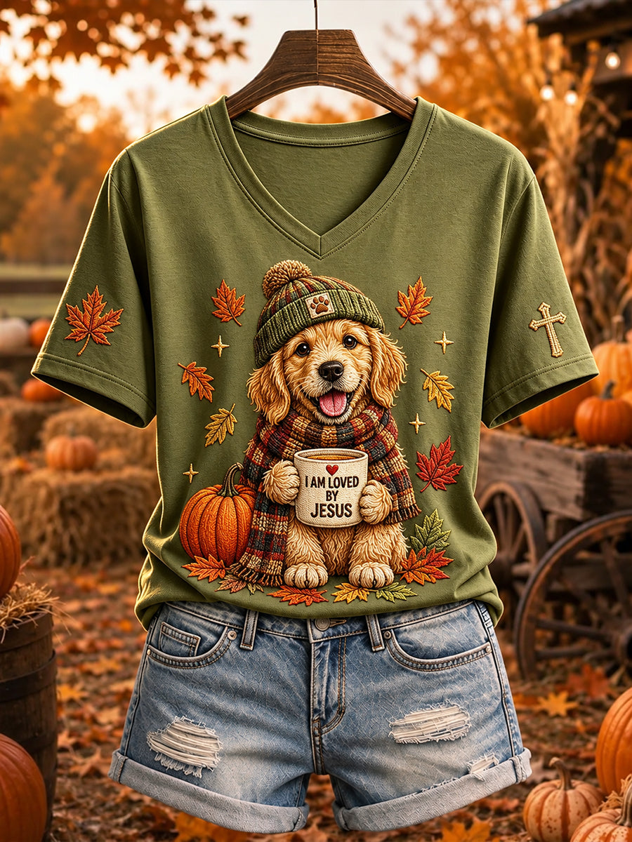 Women's Jesus Loves Golden Retriever Fall Leaves Print Short-sleeved T-shirt