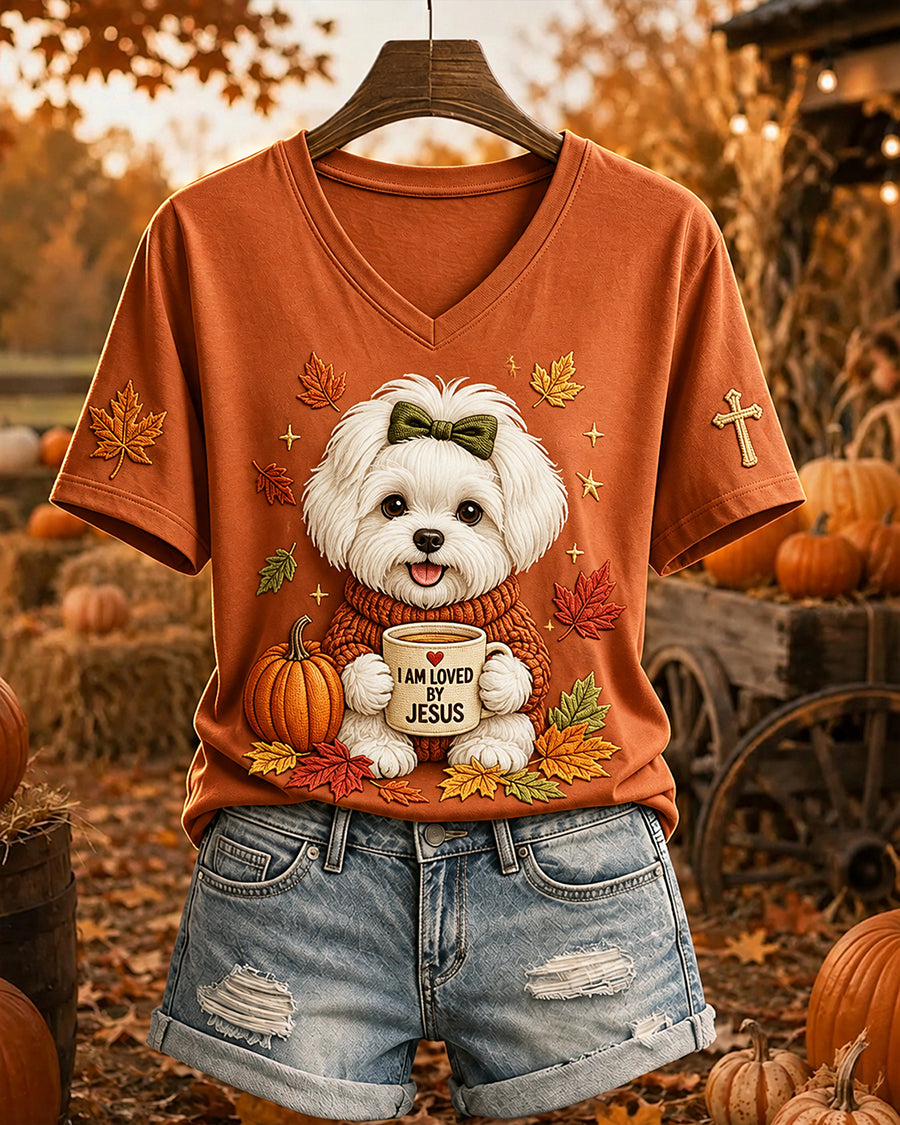 Women's Jesus Loves Maltese Fall Leaves Print Short-sleeved T-shirt