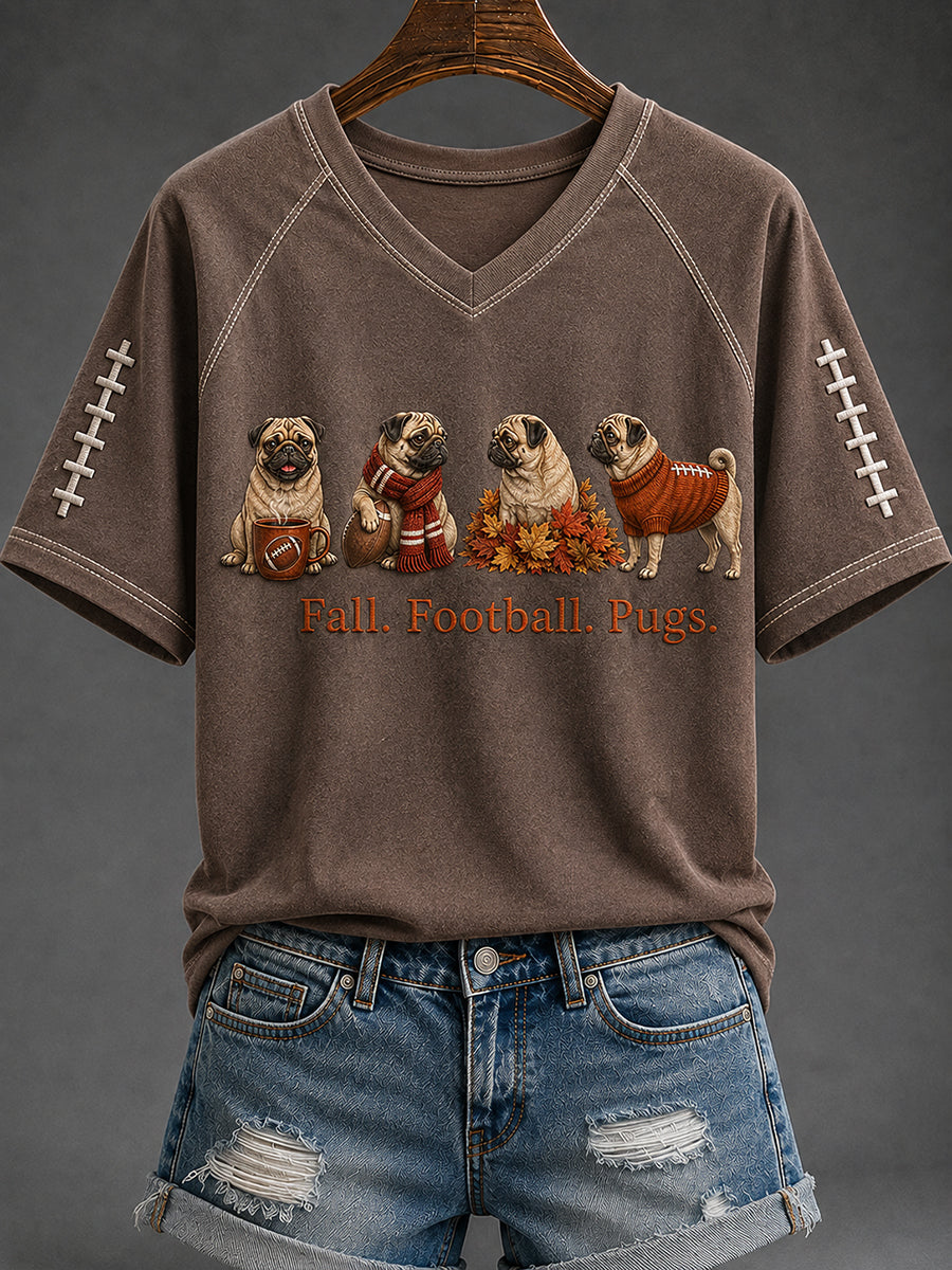 Women's Fall Football Pugs Print V-neck Short-sleeved T-shirt