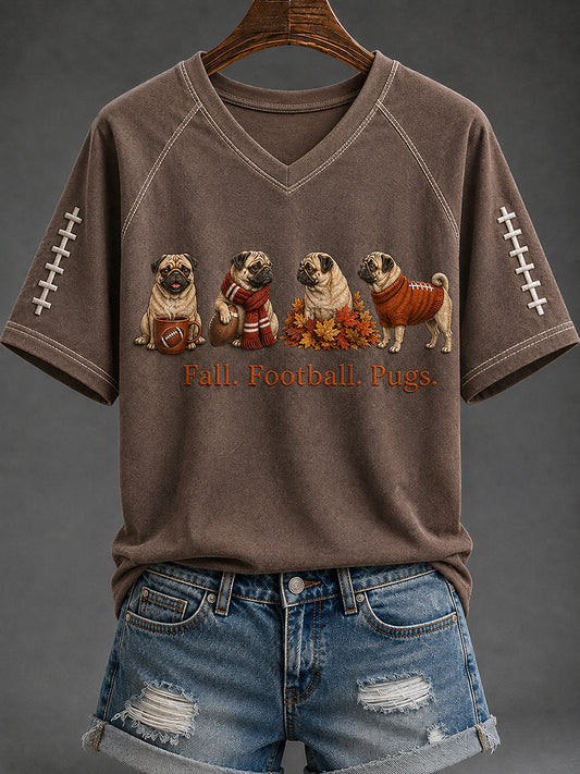 Women's Fall Football Pugs Print V-neck Short-sleeved T-shirt