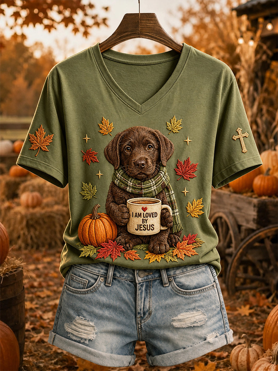 Women's Jesus Loves Labrador Retriever Fall Leaves Print Short-sleeved T-shirt