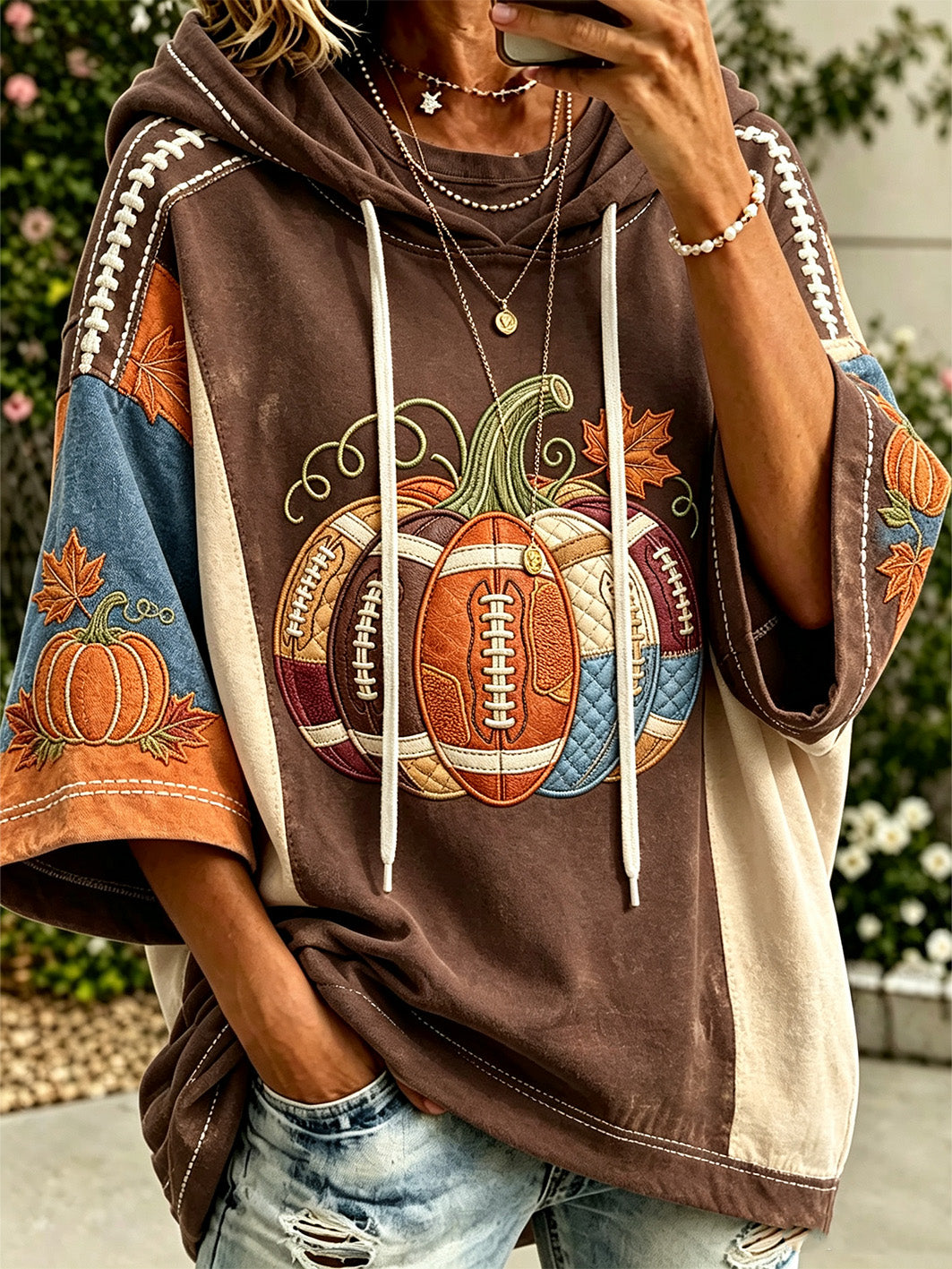 Women's autumn pumpkin pattern color-blocked design casual hoodie