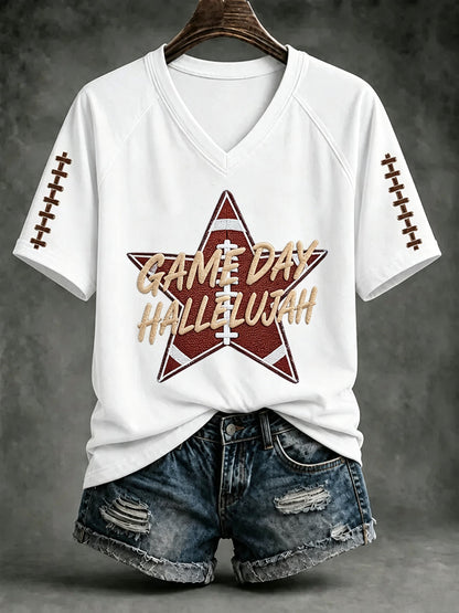 Women's Football And Jesus Faith Print V-neck T-shirt
