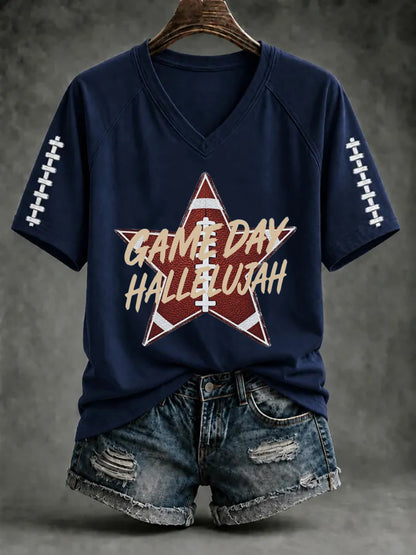 Women's Football And Jesus Faith Print V-neck T-shirt