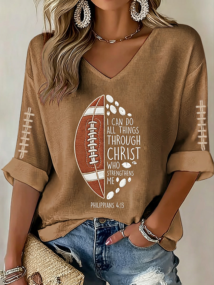 Women's Football And Jesus Faith Print Waffle T-shirt