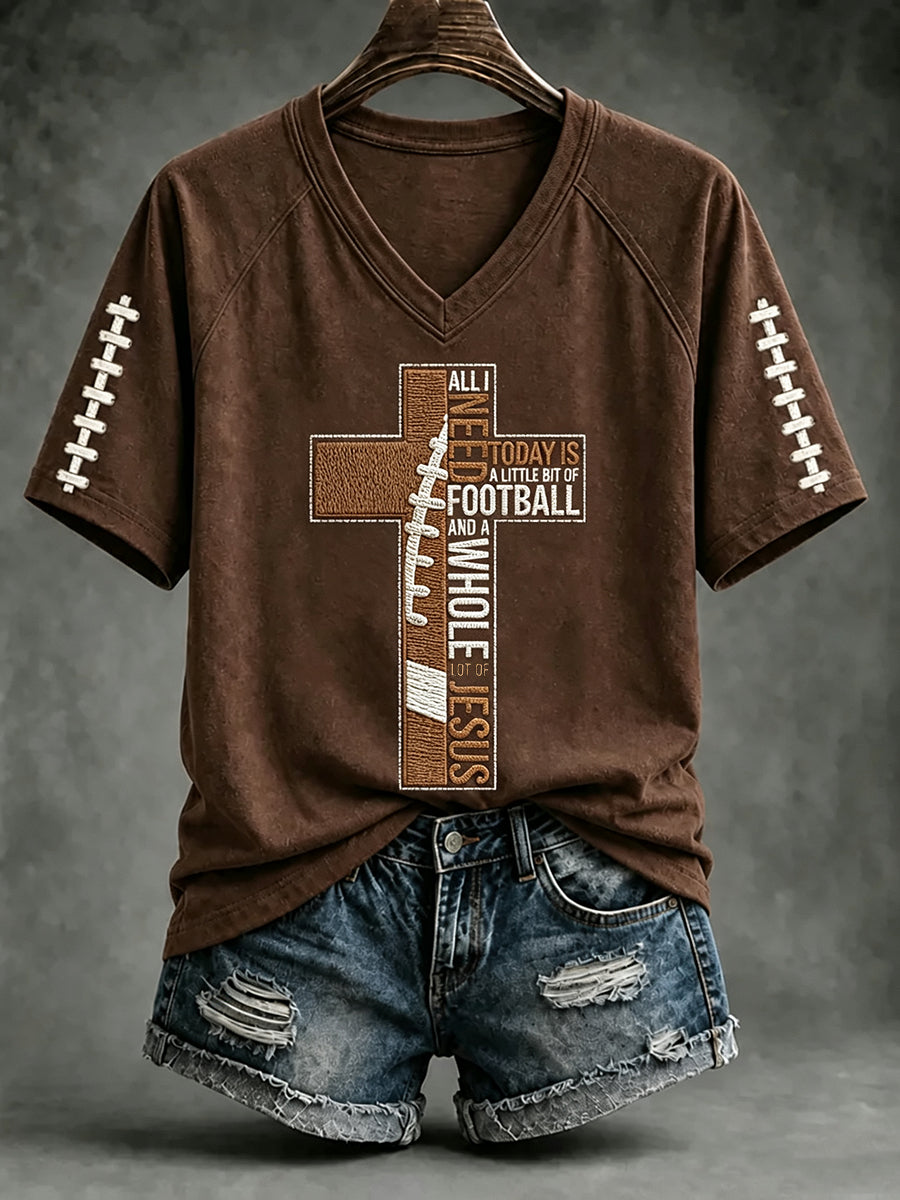 Women's Football And Jesus Faith Print V-neck T-shirt