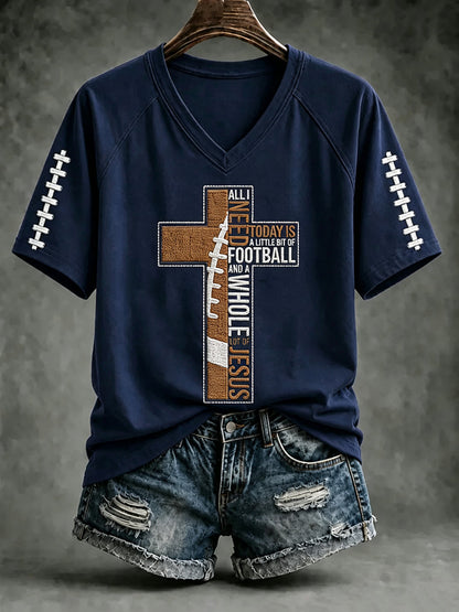 Women's Football And Jesus Faith Print V-neck T-shirt