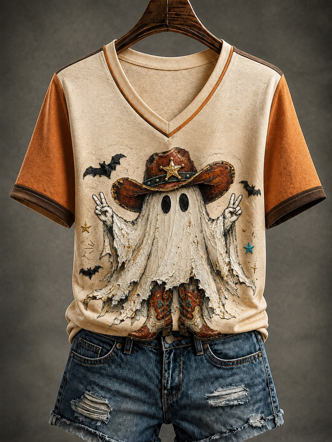 Women's Western Halloween Printed V-neck T-shirt