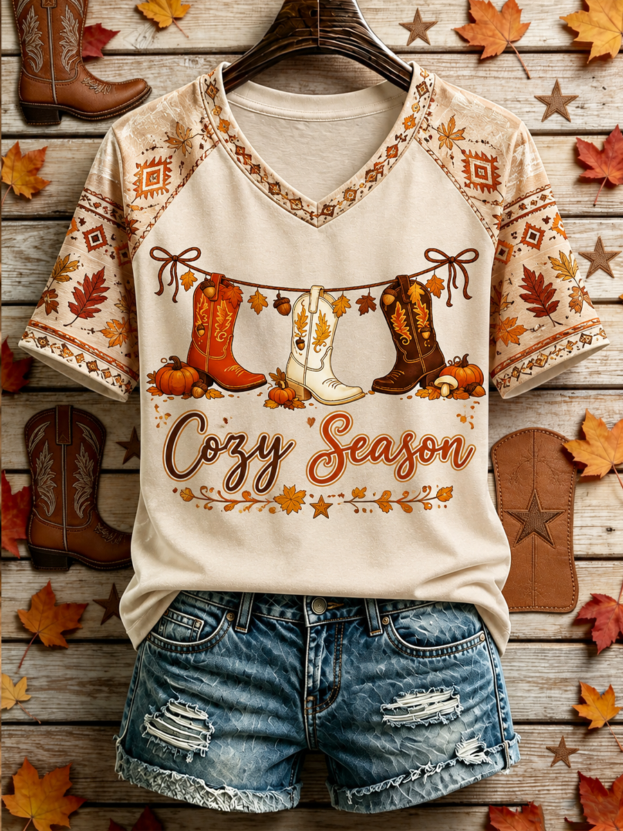 Women's Western-style autumn printed short-sleeved T-shirt