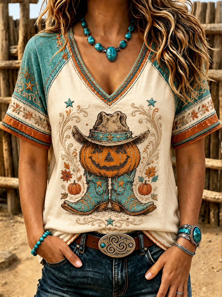 Women's Western-style autumn printed V-neck off-shoulder short-sleeved T-shirt
