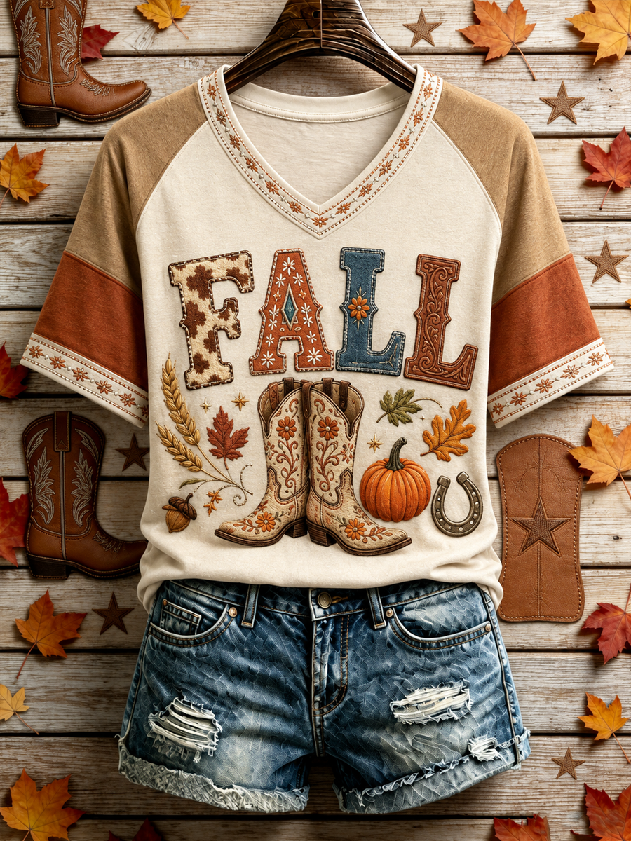 Women's Western-style autumn printed V-neck off-shoulder short-sleeved T-shirt