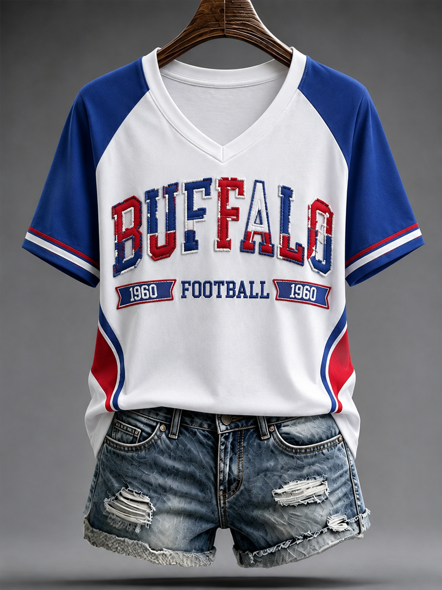 Women's Football Lover Bulls BUF Art Printed V-neck off-shoulder short-sleeved T-shirt