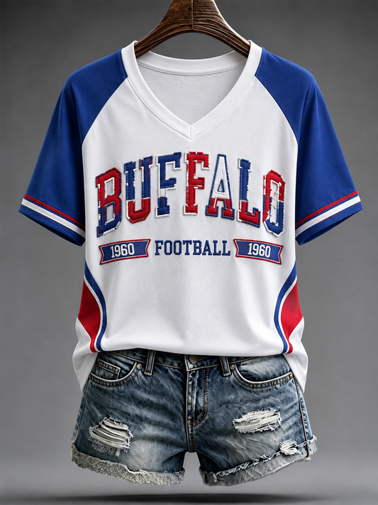 Women's Football Lover Bulls BUF Art Printed V-neck off-shoulder short-sleeved T-shirt