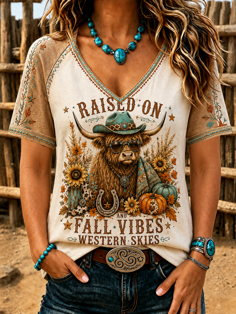 Women's Western-style autumn printed V-neck off-shoulder short-sleeved T-shirt