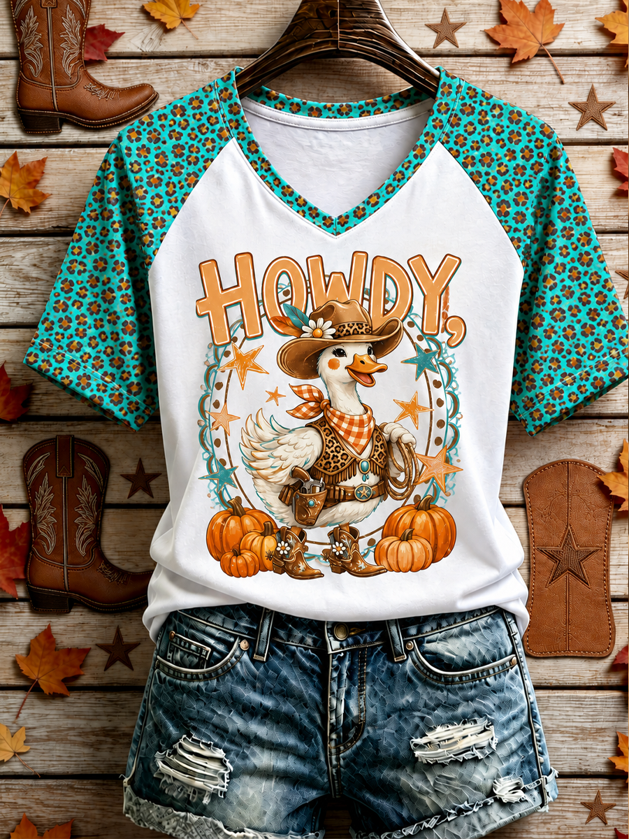 Women's Western-style autumn printed V-neck off-shoulder short-sleeved T-shirt