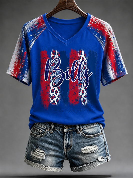 Women's Football Lover Bulls BUF Art Printed V-neck off-shoulder short-sleeved T-shirt