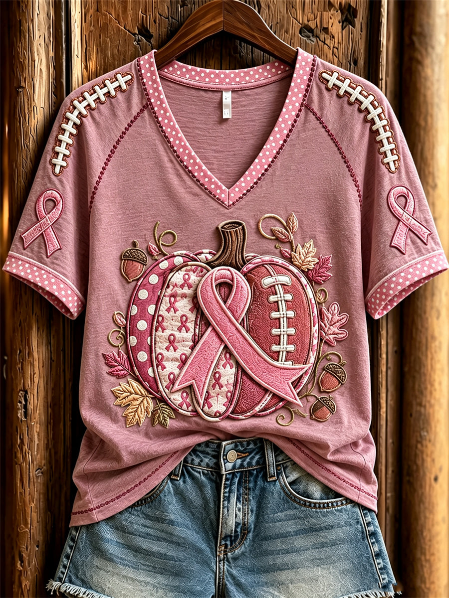 Women's Football Inspired Breast Cancer Pink Fall Pumpkin Print short-sleeved T-shirt