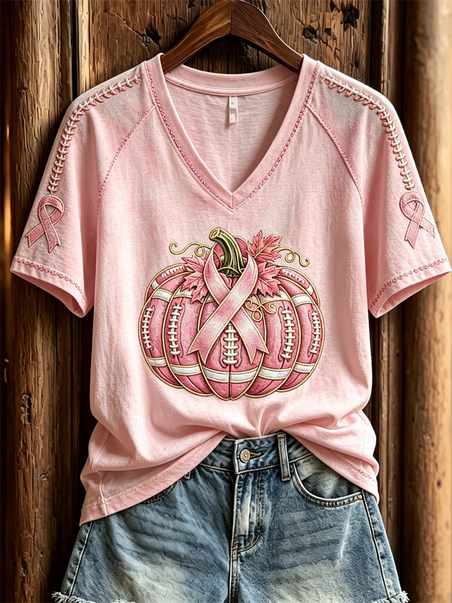 Women's Football Inspired Breast Cancer Pink Pumpkin Print short-sleeved T-shirt