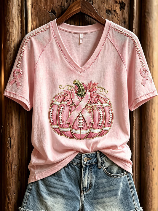 Women's Football Inspired Breast Cancer Pink Pumpkin Print short-sleeved T-shirt