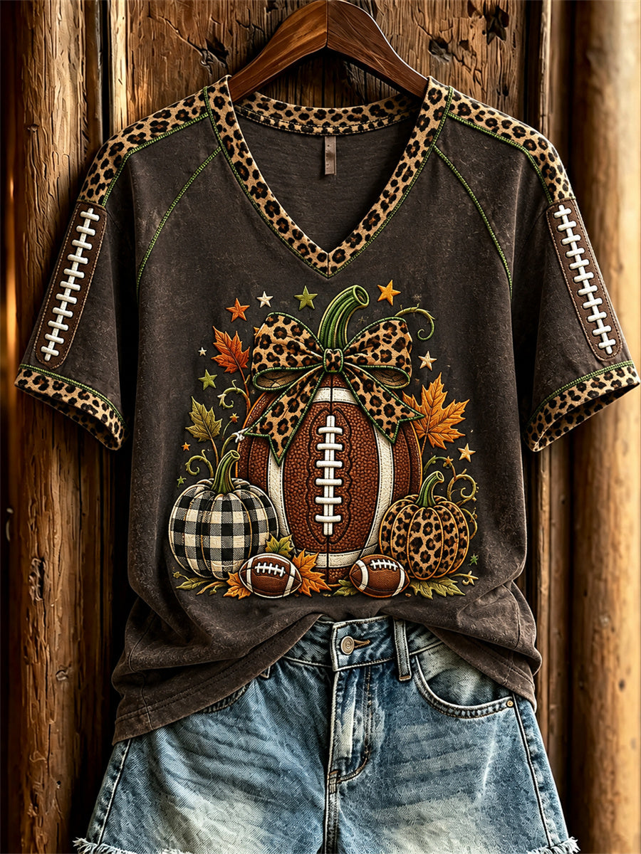 Women's Football Inspired Fall Pumpkin Print short-sleeved T-shirt
