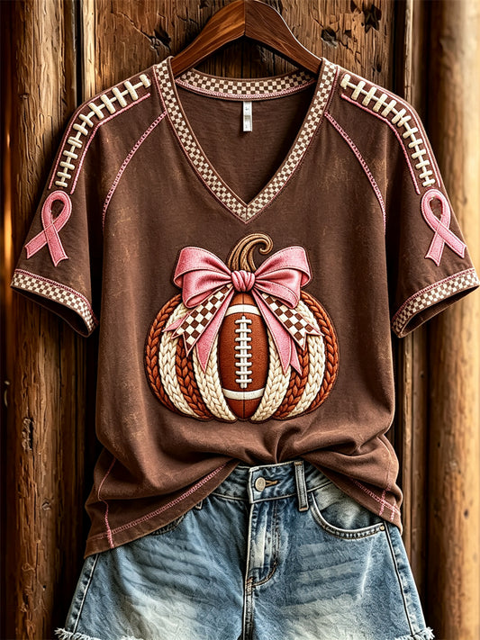 Women's Football Inspired Breast Cancer Pink Pumpkin Print short-sleeved T-shirt
