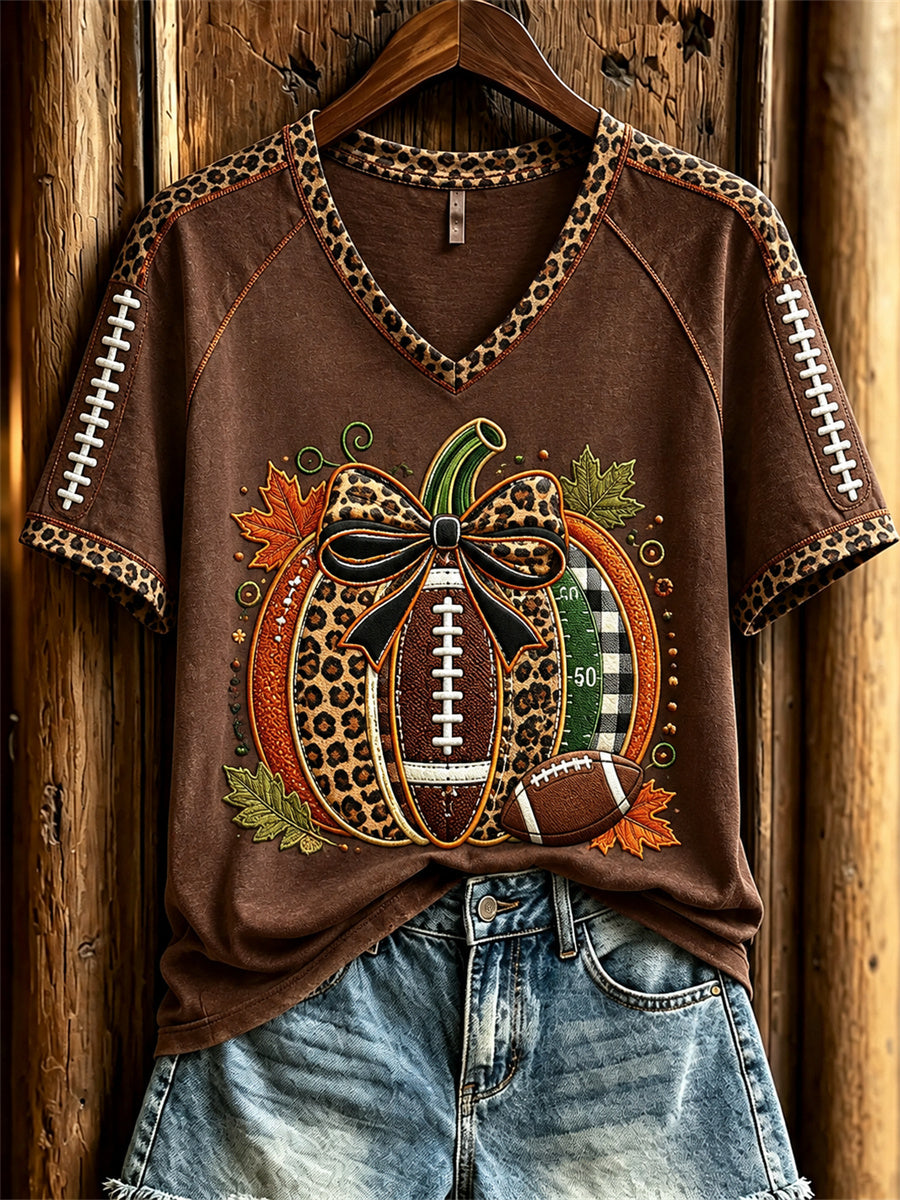 Women's Football Inspired Fall Pumpkin Print short-sleeved T-shirt