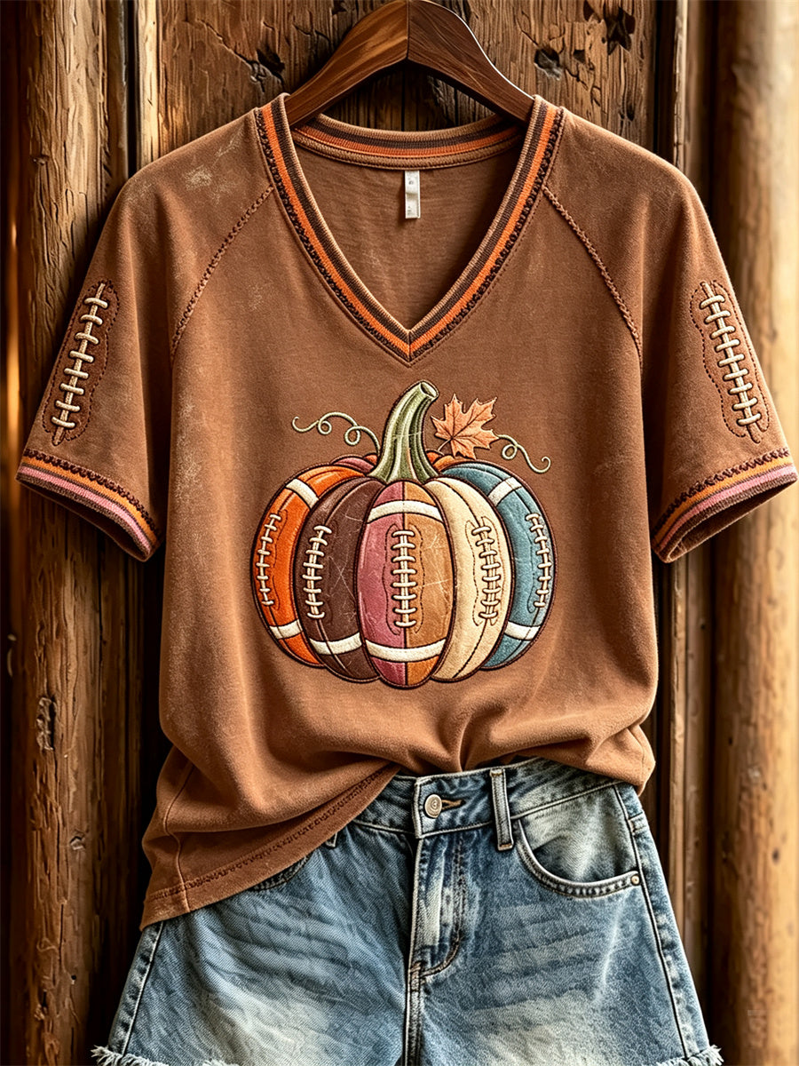 Women's Football Inspired Fall Pumpkin Print short-sleeved T-shirt