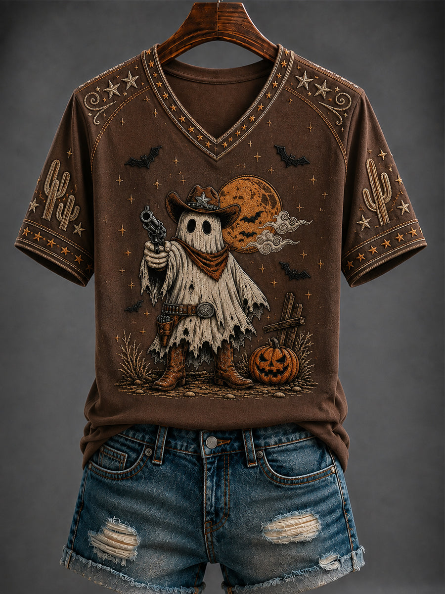 Women's Halloween Western Style Printed V-neck T-shirt