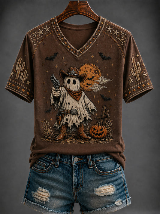 Women's Halloween Western Style Printed V-neck T-shirt