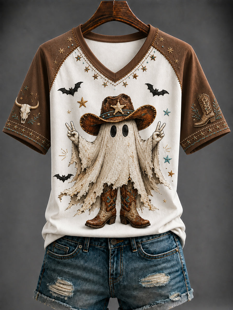 Women's Halloween Western Style Printed V-neck T-shirt