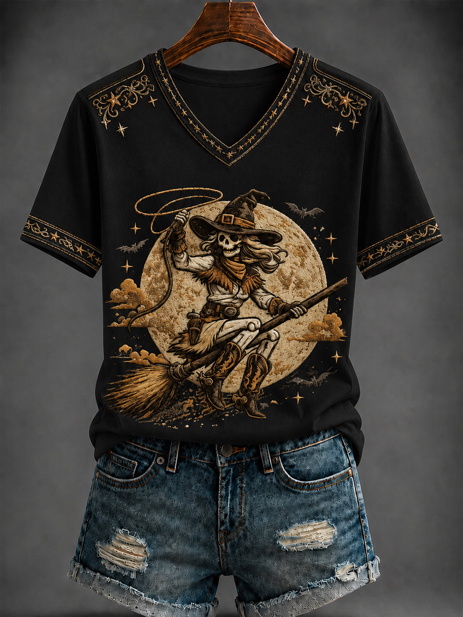 Women's Halloween Western Style Printed V-neck T-shirt