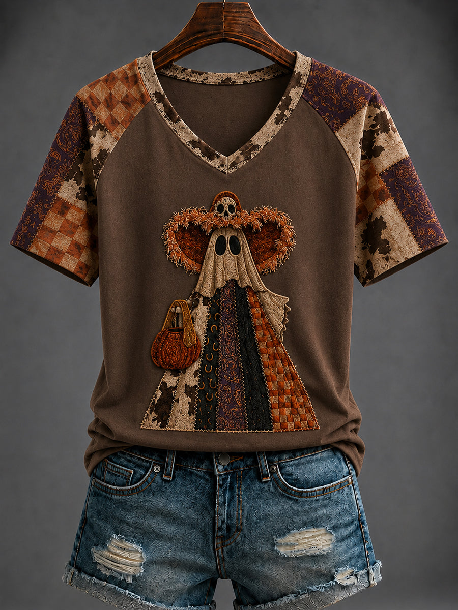 Women's Halloween Western Style Printed V-neck T-shirt