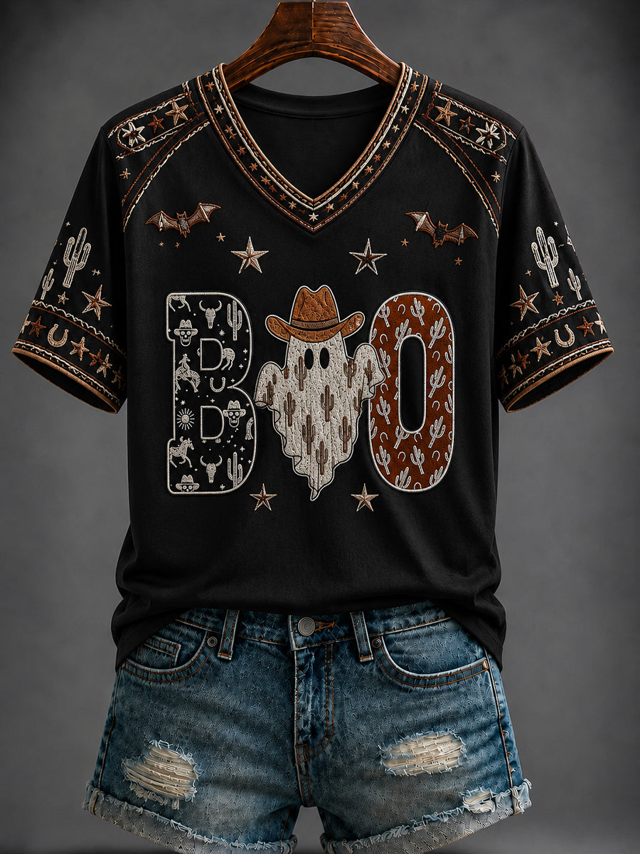 Women's Halloween Western Style Printed V-neck T-shirt