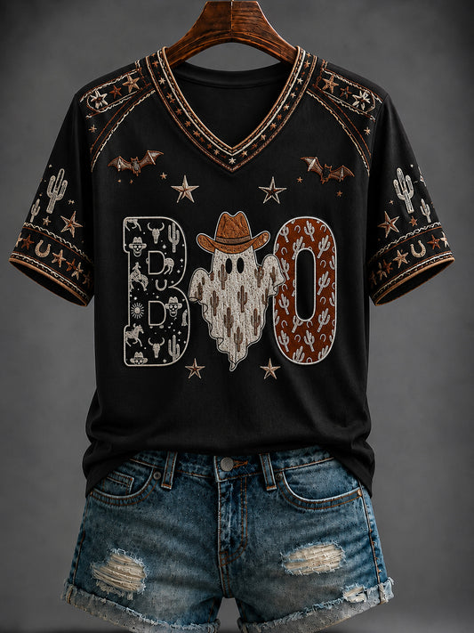 Women's Halloween Western Style Printed V-neck T-shirt