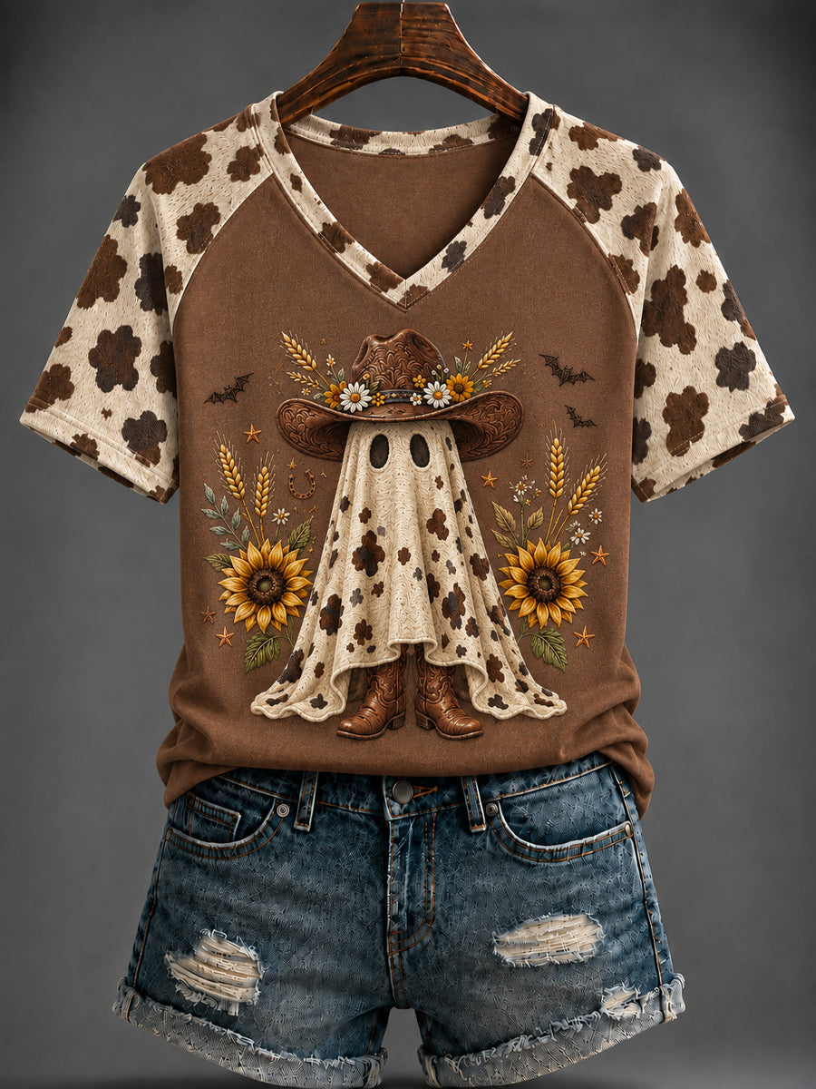 Women's Halloween Western Style Printed V-neck T-shirt