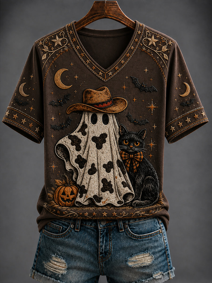 Women's Halloween Western Style Printed V-neck T-shirt