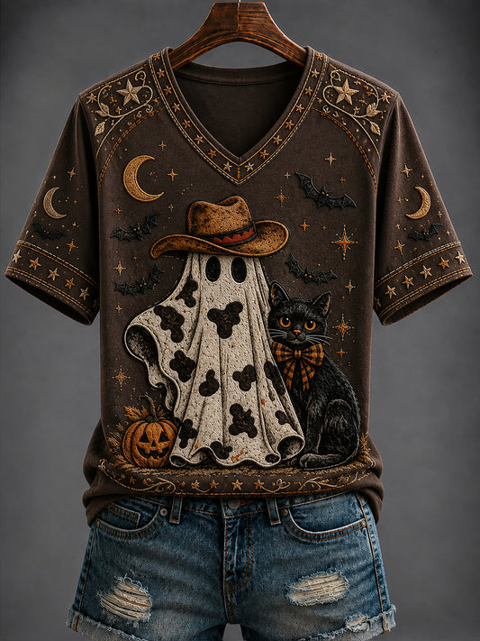 Women's Halloween Western Style Printed V-neck T-shirt