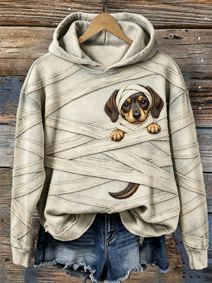 Women's Halloween Peeking Dachshund Dog Mummy Bandages Print Cozy Hoodie