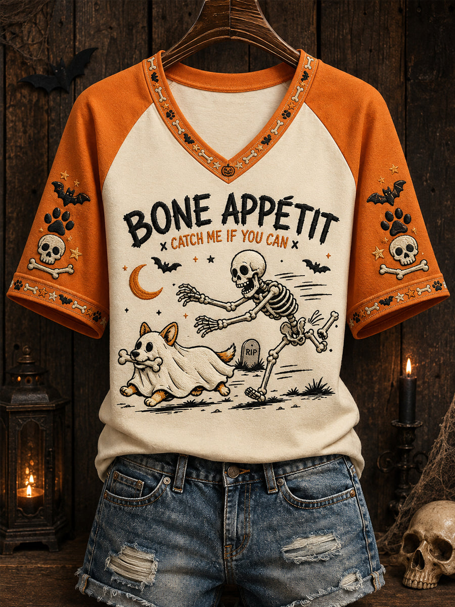 Women's Funny Halloween Dog And Sleleton Print Casual V-Neck Tee