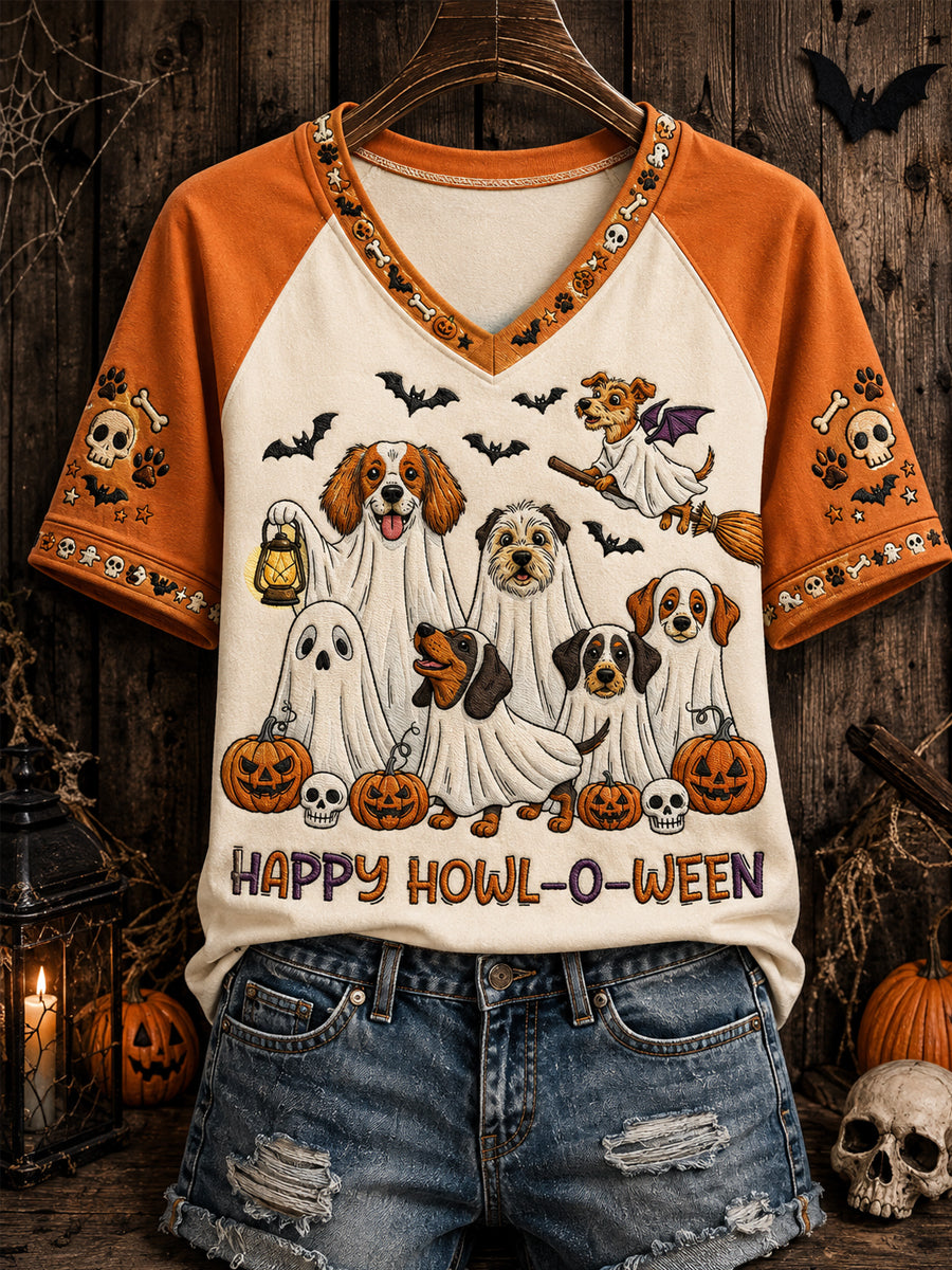 Women's Funny Halloween Dogs Print Casual V-Neck Tee